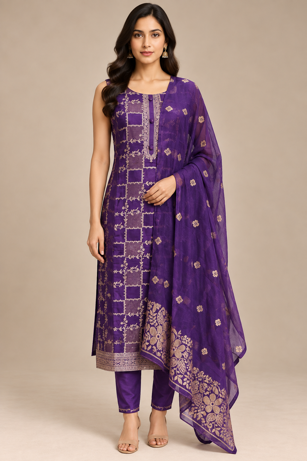 Purple Embroidered Straight Kurta Pant Set with Dupatta