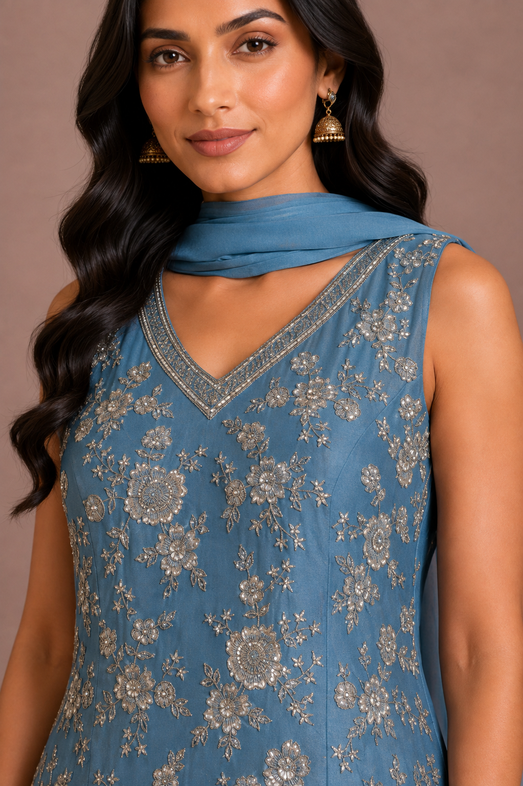 Powder Blue Tissue Embroidered Sharara Set