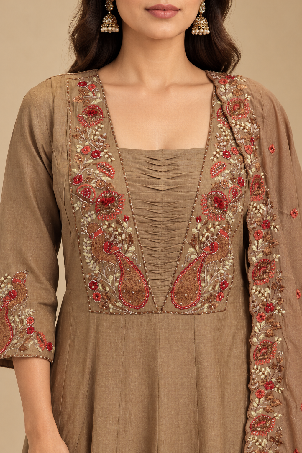 Embroidered Taupe Anarkali Suit Set with Dupatta