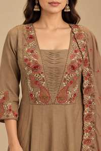 Embroidered Taupe Anarkali Suit Set with Dupatta