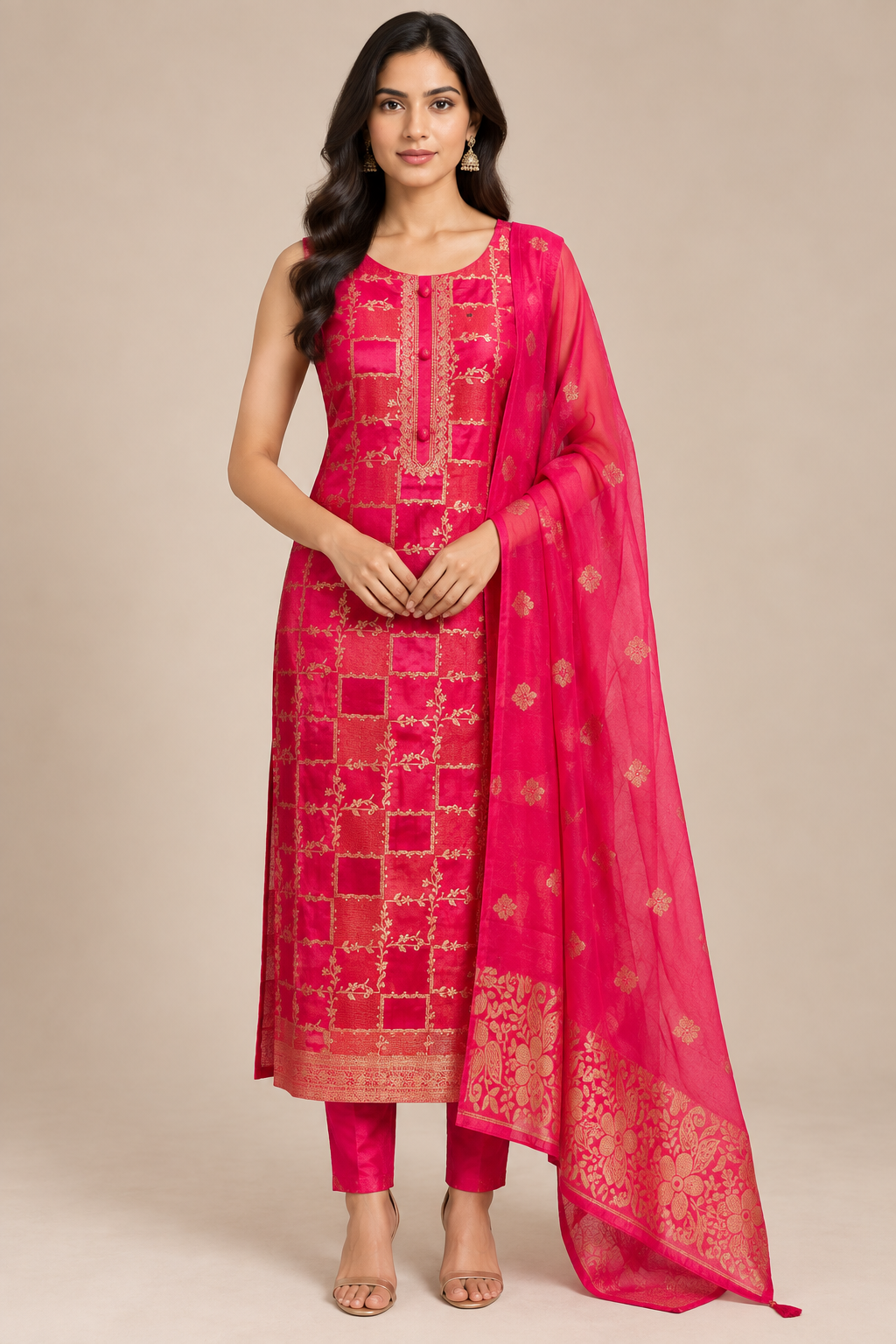 Pink Embroidered Straight Kurta Pant Set with Dupatta