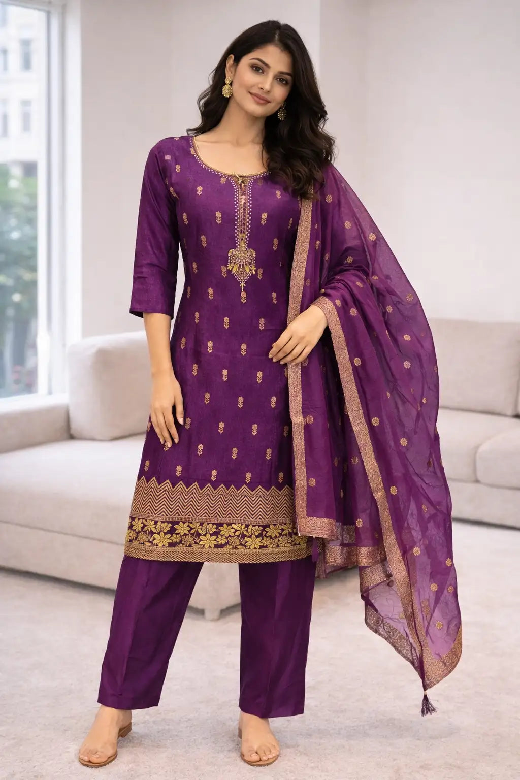 Deep Purple Embroidered Kurta Set with Dupatta