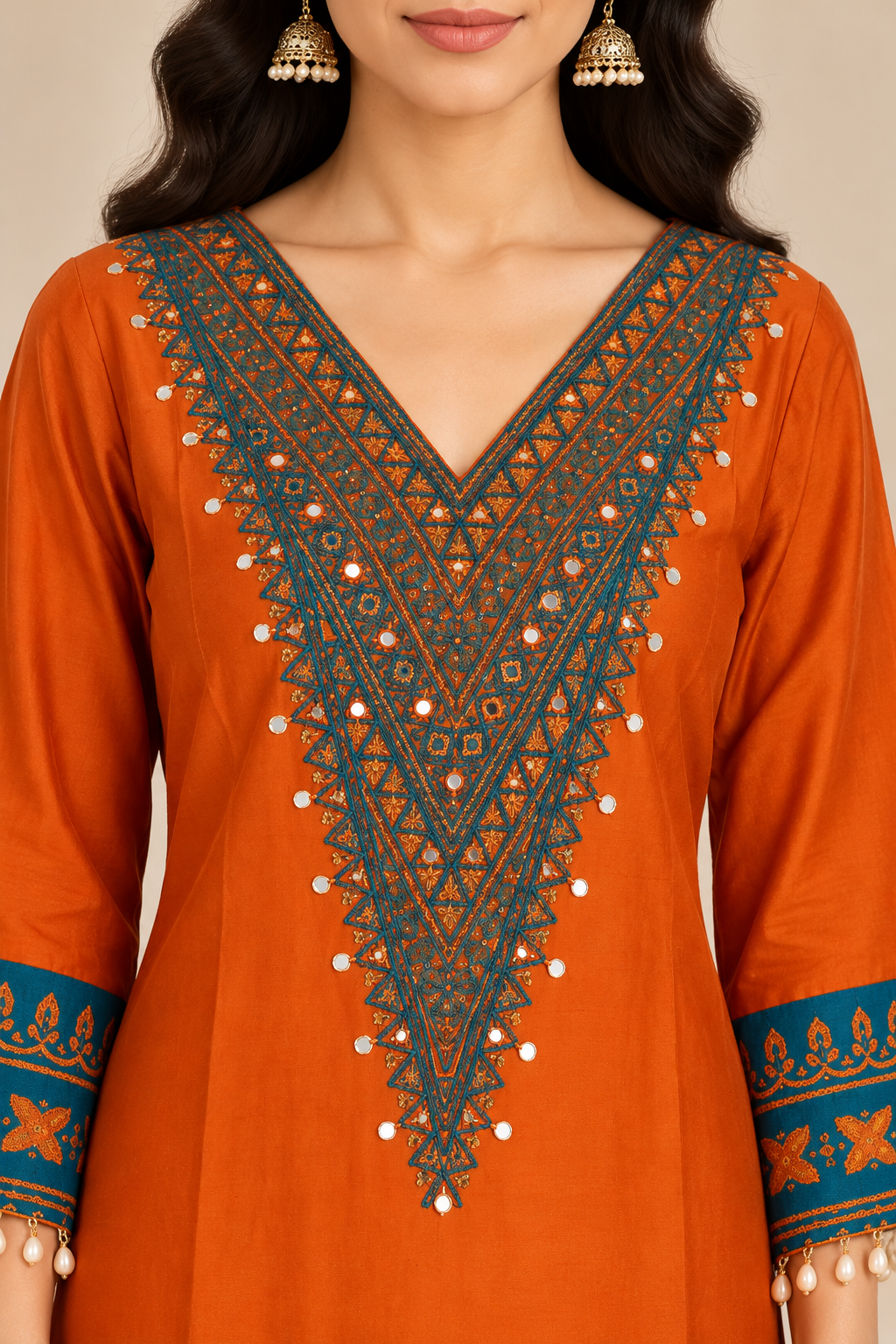 Rust Orange Kurta Set with Teal Embroidered Borders