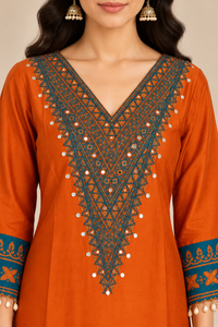 Rust Orange Kurta Set with Teal Embroidered Borders
