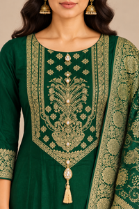 Dark Green Embroidered Kurta Set with Gold Brocade Dupatta