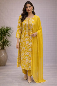 Yellow Floral Embroidered Kurta Set with Dupatta