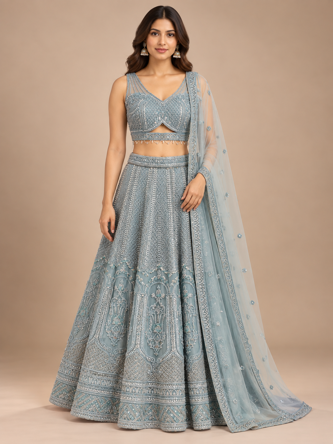 Ice Blue Embroidered Lehenga Set with Dupatta