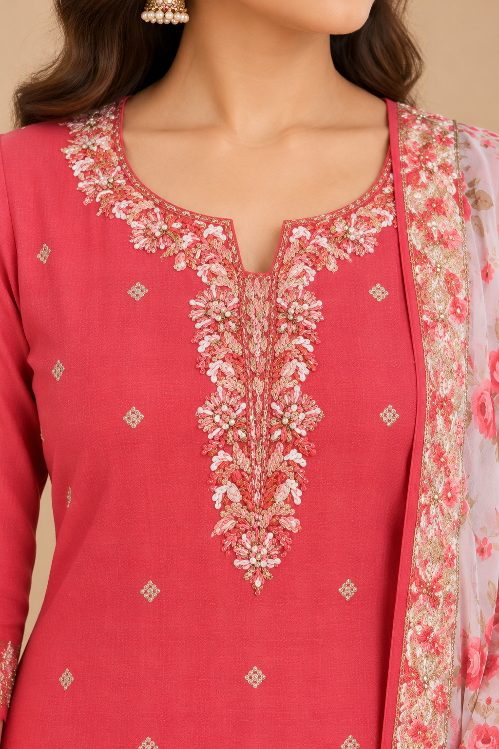 Coral red Straight-Cut Salwar Suit Set with Floral Printed Dupatta