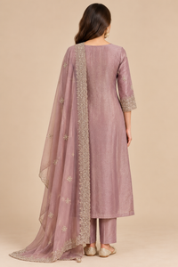 Mauve Pink Embroidered Kurta Pant Set with Matching Dupatta