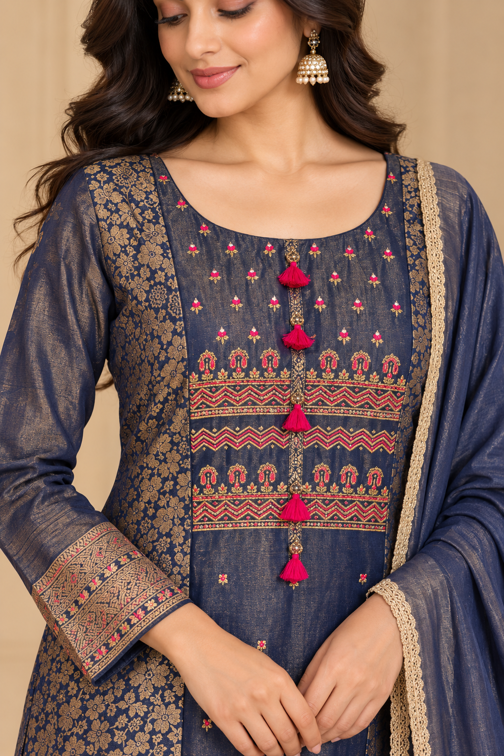 Midnight Navy Blue Embroidered Kurta Set with Dupatta