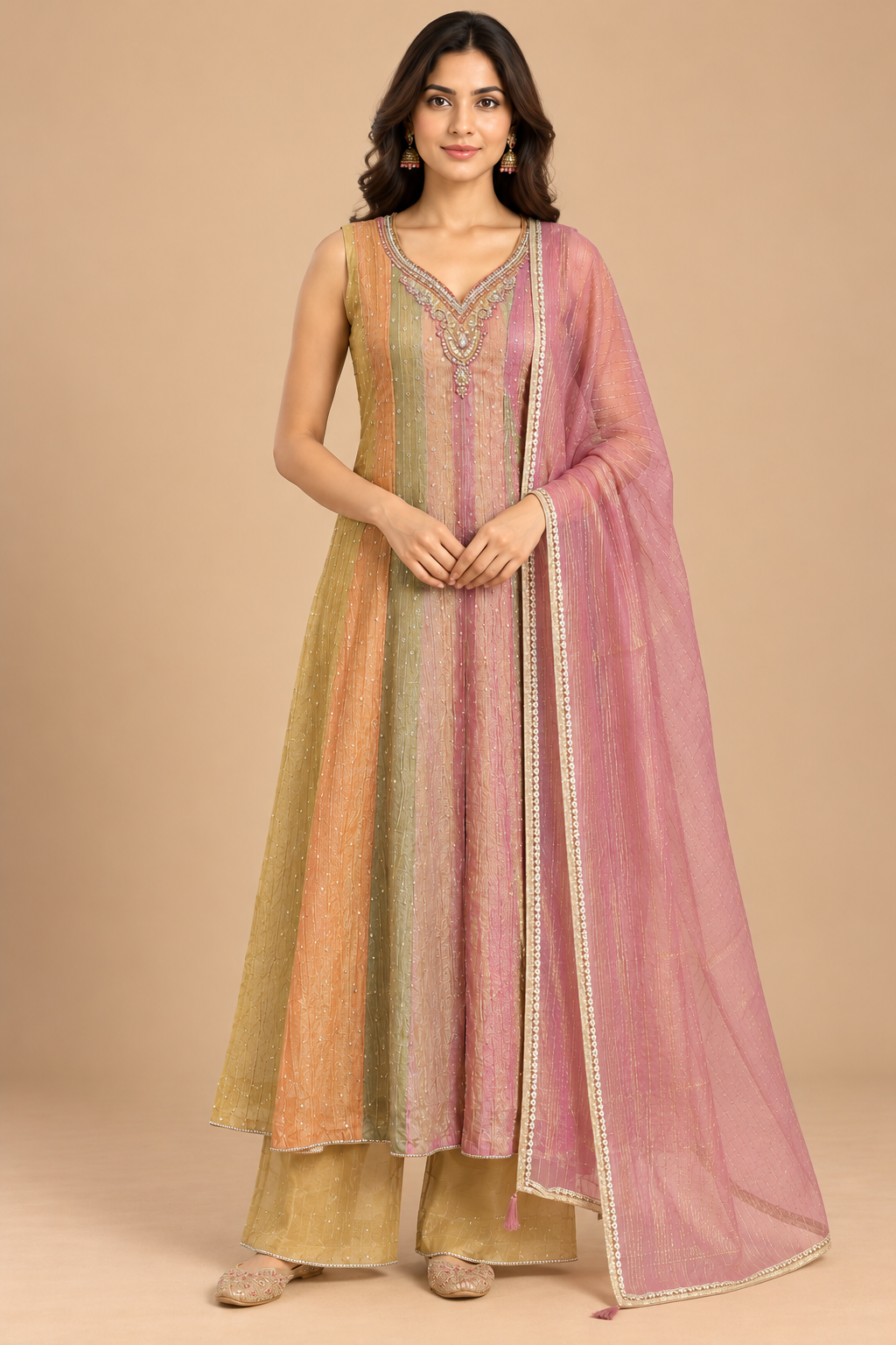 Multicolour Ombre Anarkali Kurta Pant Set with Pink Dupatta