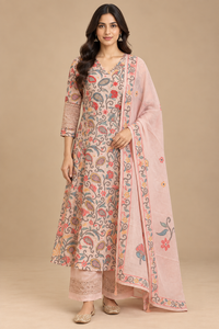 Blush Peach Cotton Printed Straight-Cut Suit Set