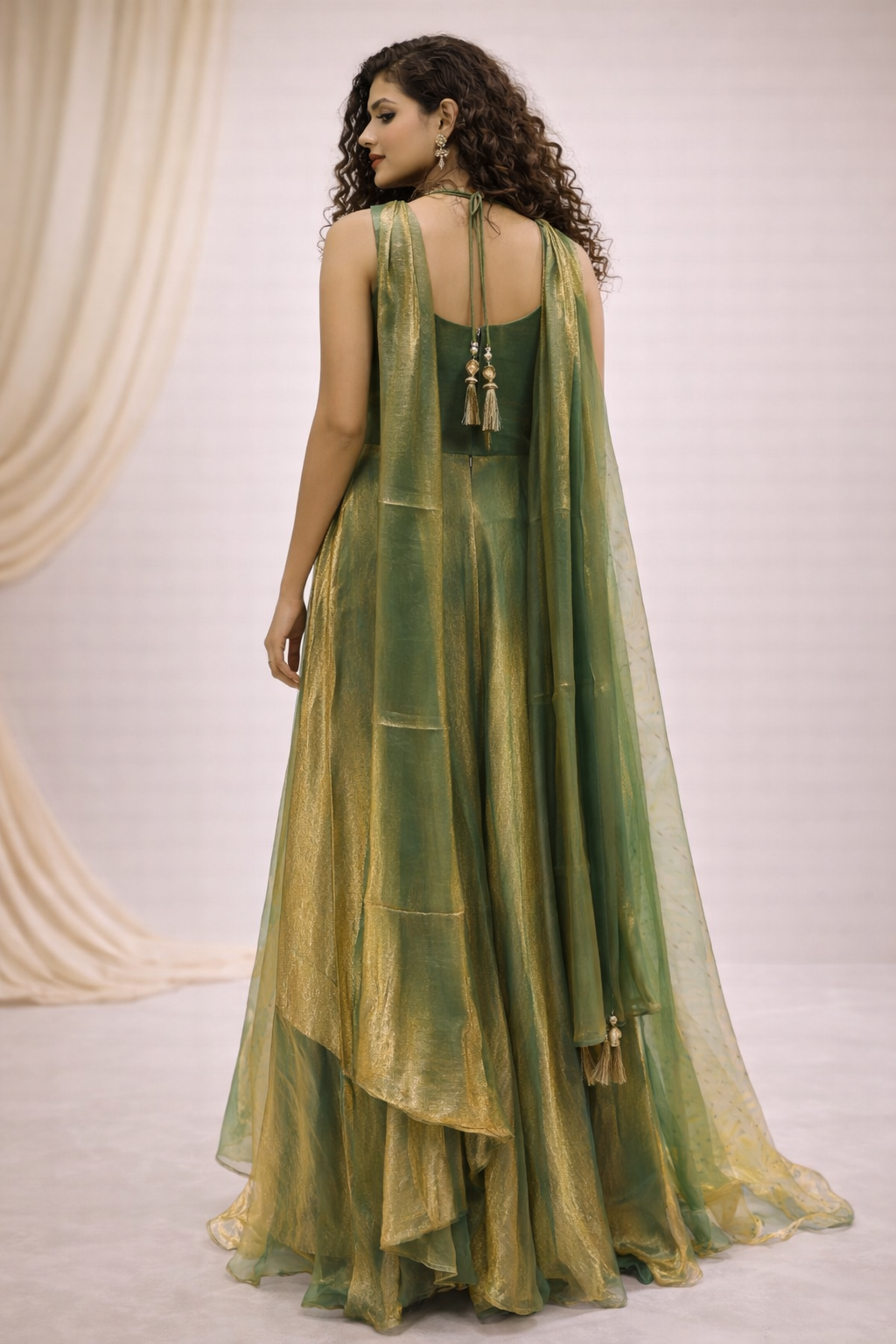 Olive Green Embroidered Tissue Gown with Metallic Finish