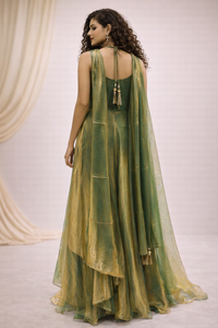 Olive Green Embroidered Tissue Gown with Metallic Finish