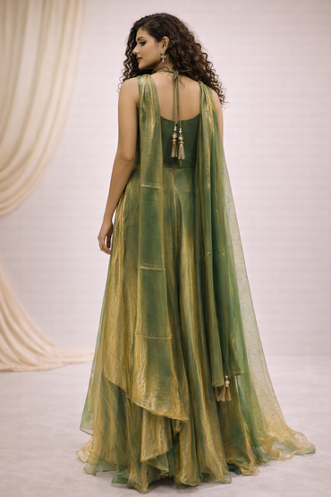 Olive Green Embroidered Tissue Gown with Metallic Finish