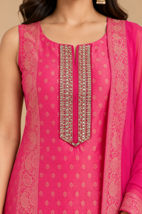 Hot Pink Printed Straight-Cut Salwar Suit Set with Matching Dupatta