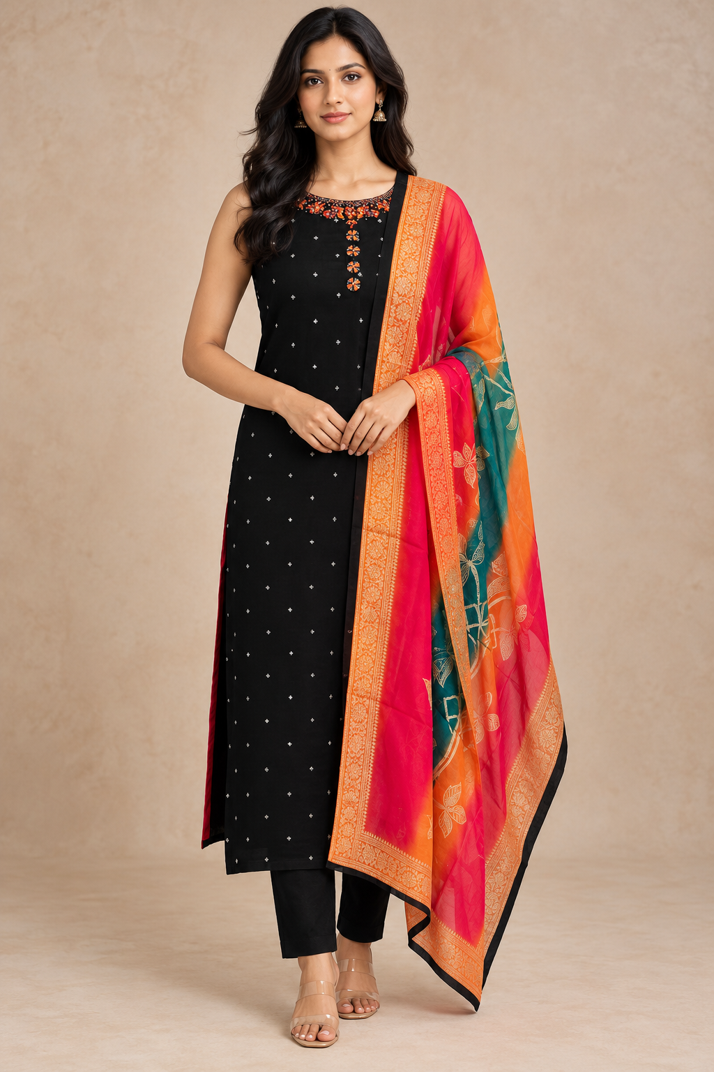 Black Embroidered Kurta Set with Multicolour Printed Dupatta
