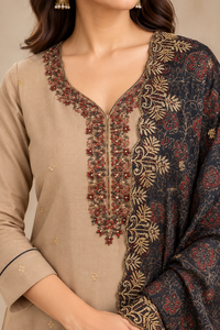 Beige Embroidered Kurta Set with Printed Dupatta