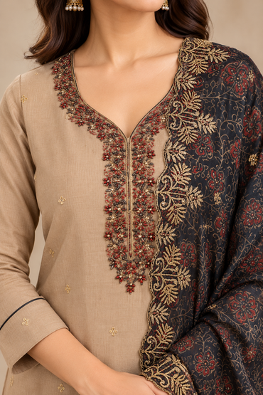 Beige Embroidered Kurta Set with Printed Dupatta