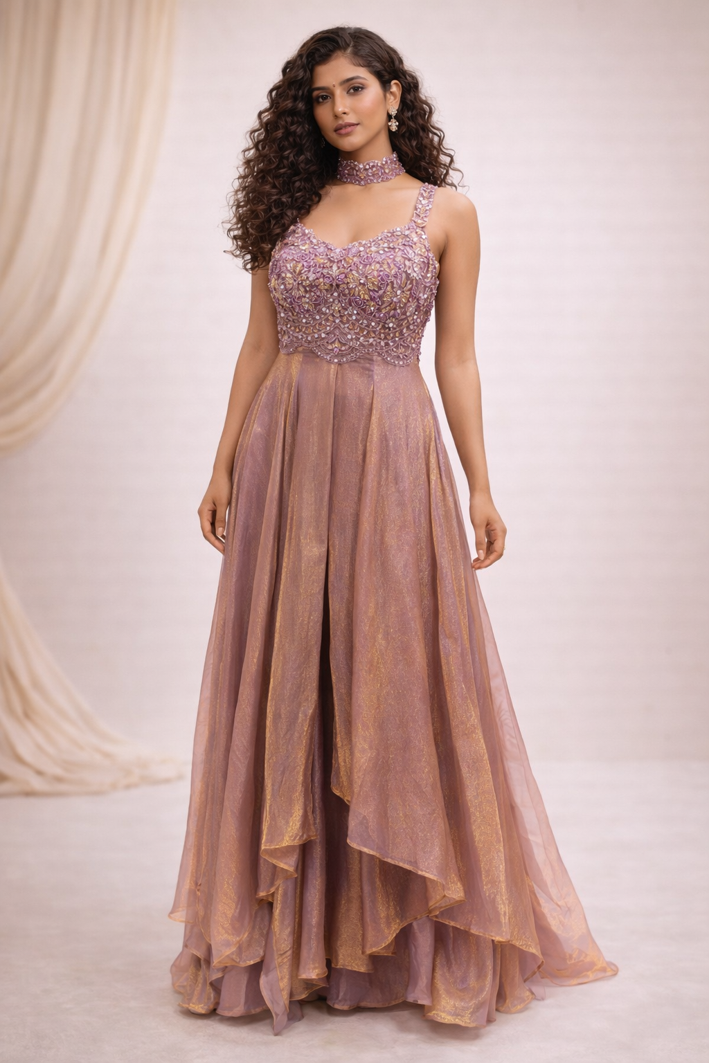 Mauve Pink Embroidered Silk Gown with Layered Flare