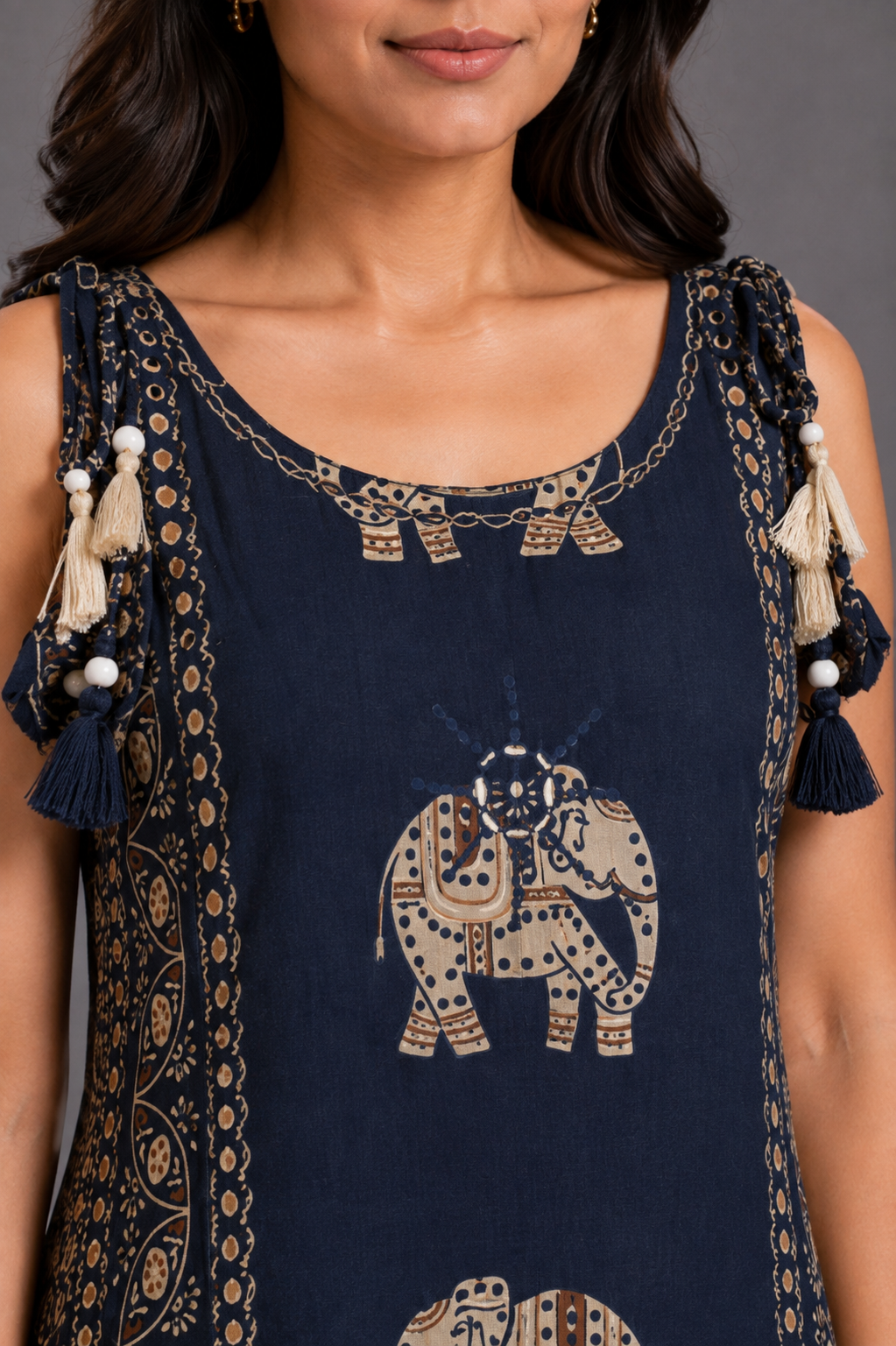 Navy Blue Elephant Print Kurta Palazzo Set with Tassel Detailing