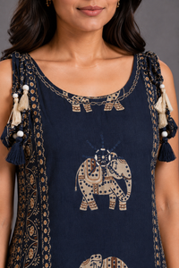 Navy Blue Elephant Print Kurta Palazzo Set with Tassel Detailing
