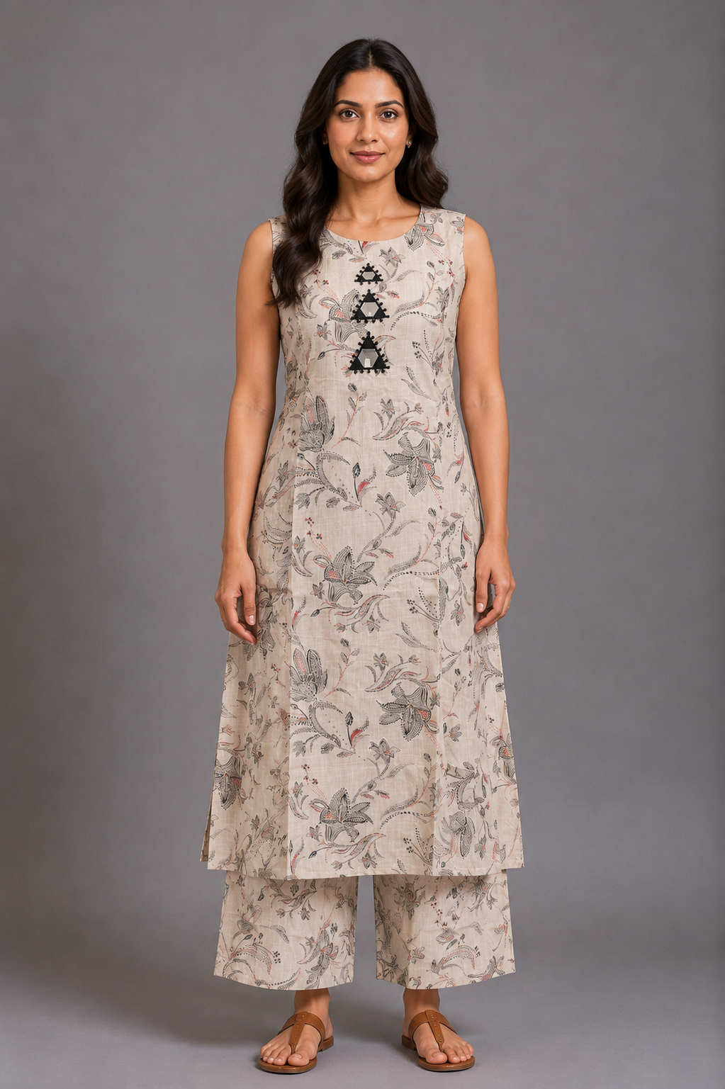 Beige Floral Print Kurta Palazzo Set with Embroidered Detail