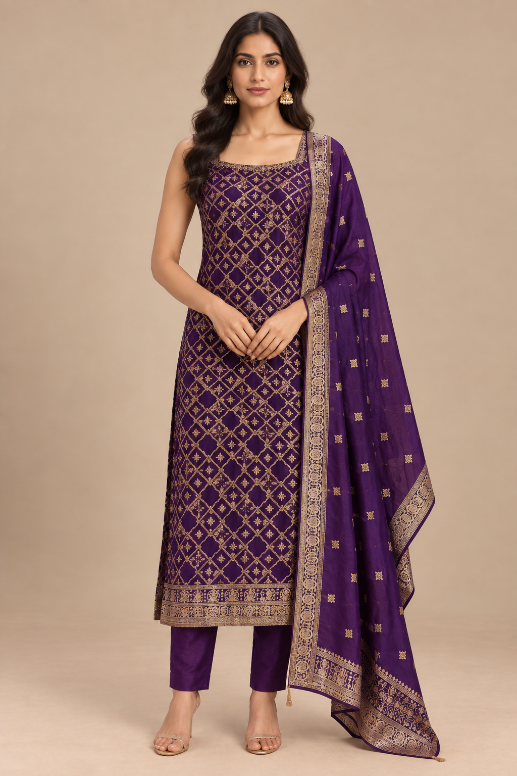 Royal Purple Gold Printed Anarkali Suit Set with Dupatta