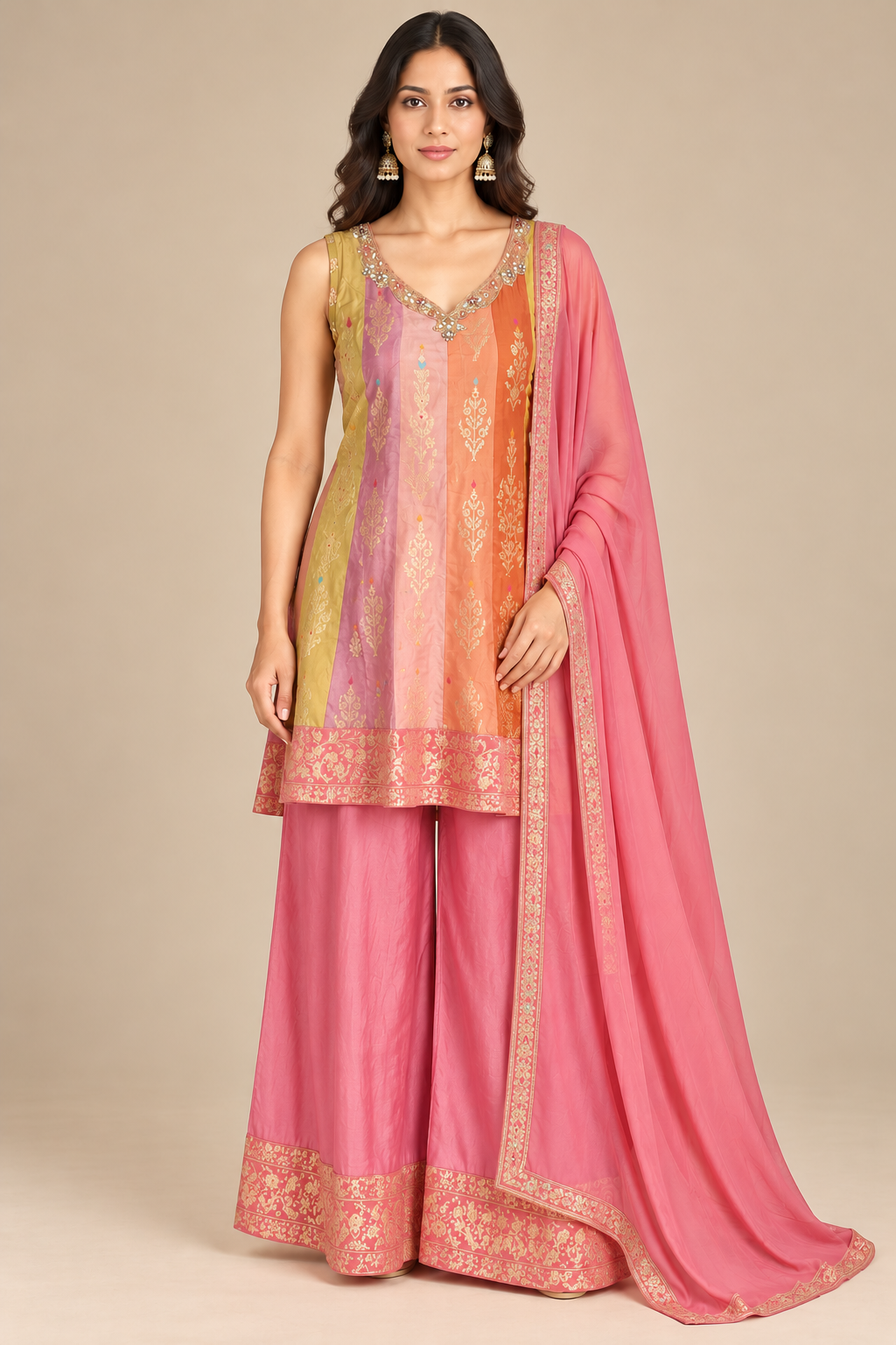 Coral Pink Multicolour Embroidered Kurta Palazzo Set with Dupatta