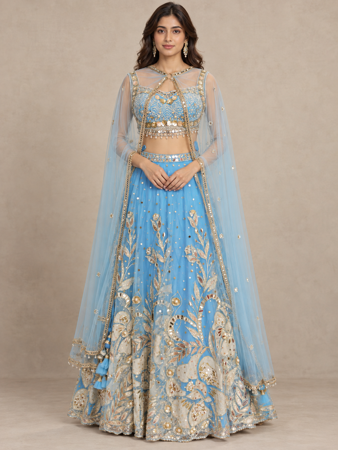 Sky Blue Net Embroidered Lehenga Set