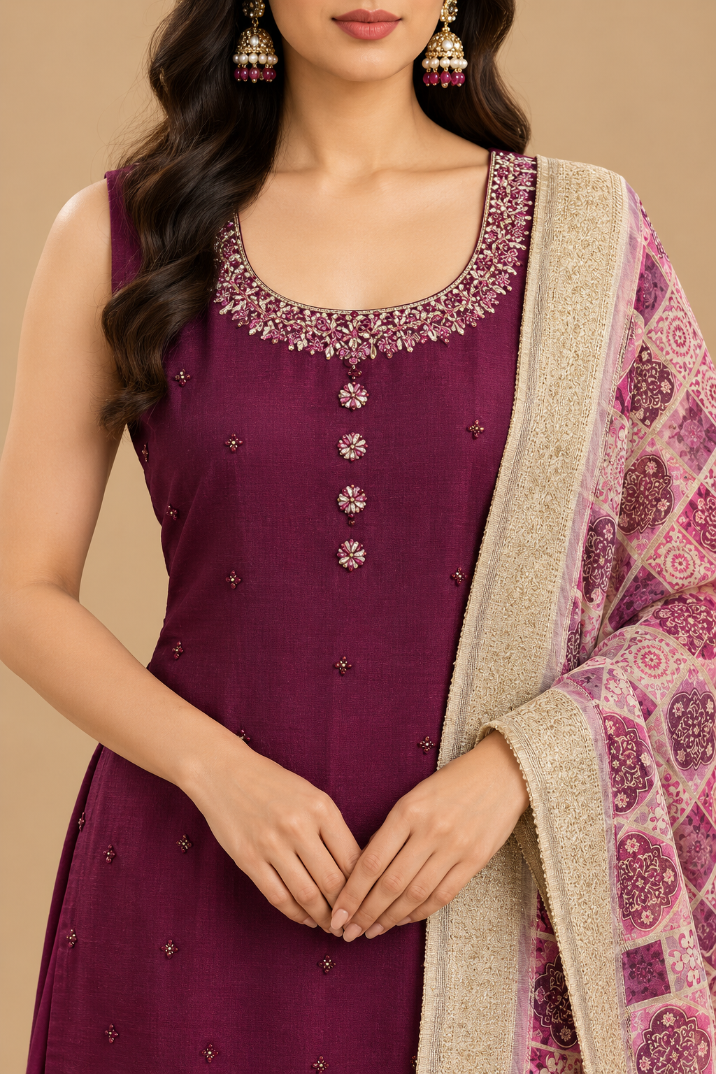 Wine Embroidered Kurta Set with Pink Printed Dupatta