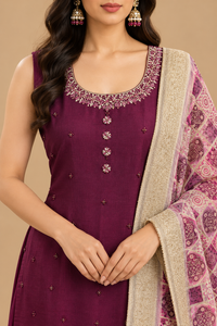 Wine Embroidered Kurta Set with Pink Printed Dupatta