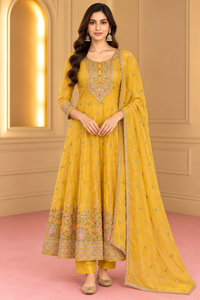 Mustard Yellow Embroidered Anarkali Kurta Set with Dupatta