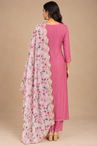 Pink Embroidered Kurta Set with Floral Printed Dupatta