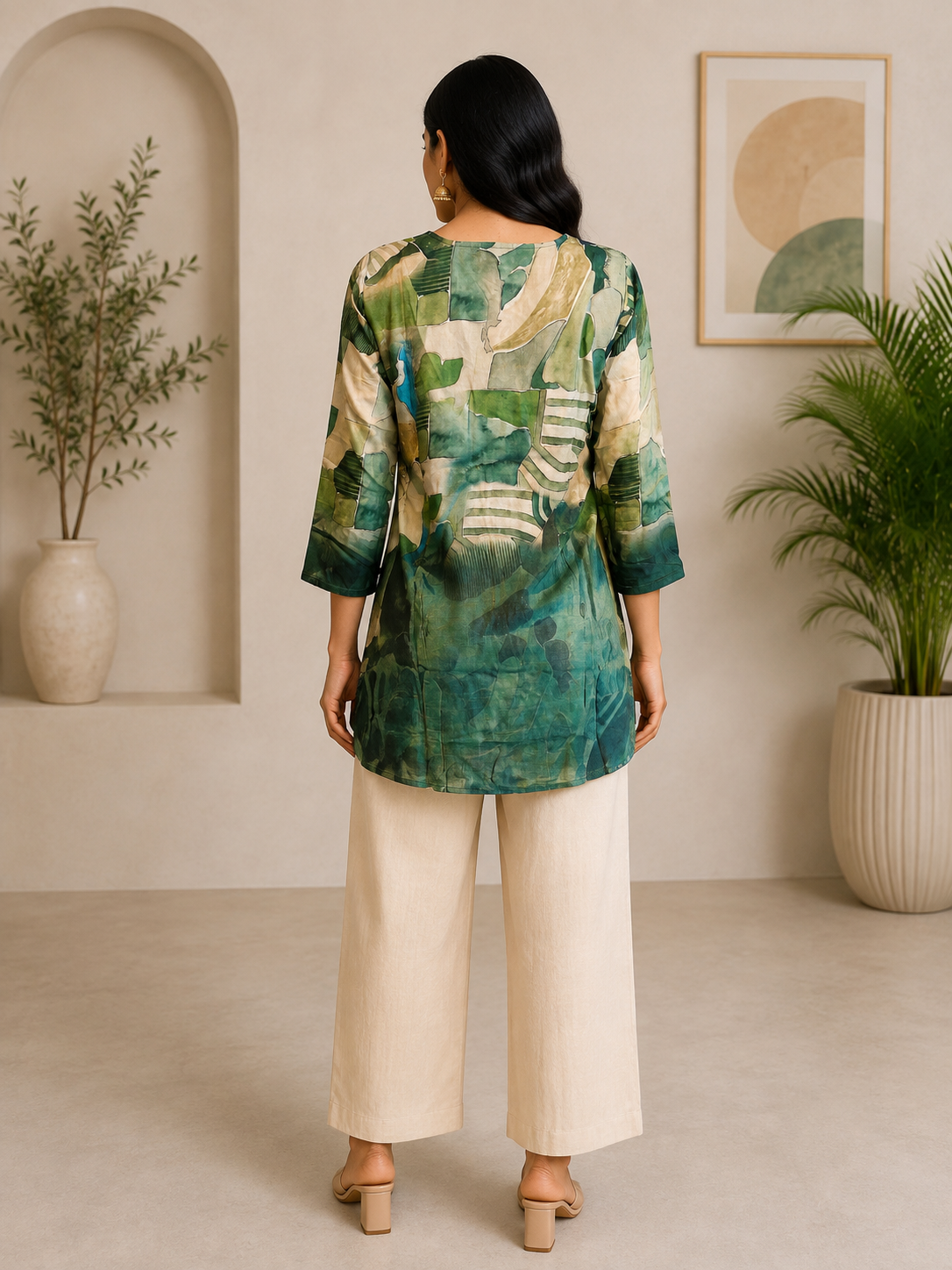 Forest Green Abstract Print Silk Short Kurti
