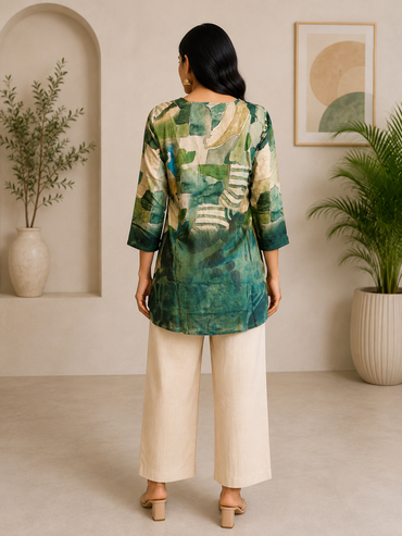 Forest Green Abstract Print Silk Short Kurti