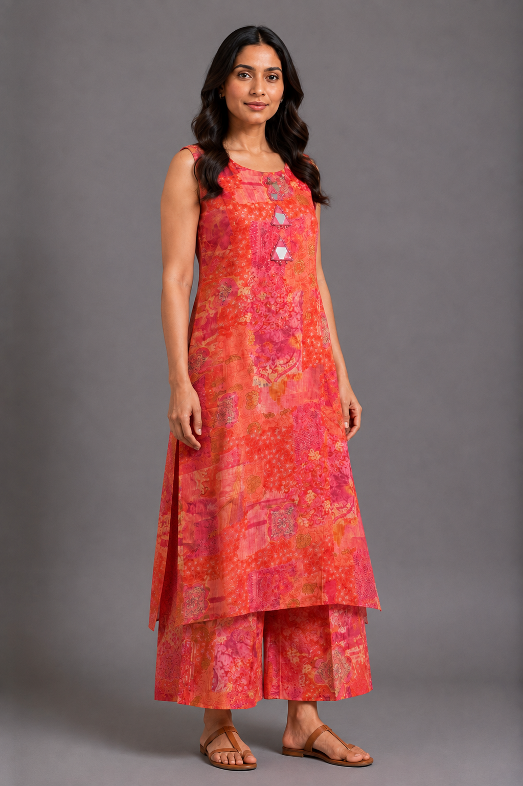 Coral Pink Printed Kurta Palazzo Set with Mirror Work