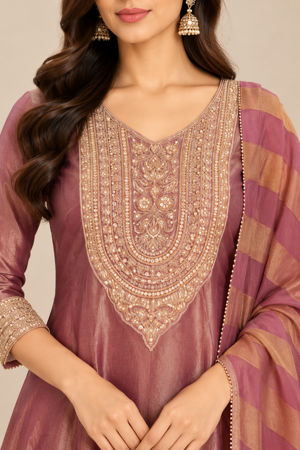 Dusty Mauve Embroidered Kurta Pant Set with Striped Dupatta