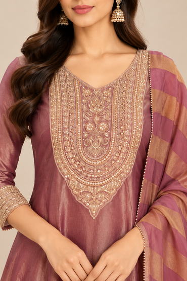 Dusty Mauve Embroidered Kurta Pant Set with Striped Dupatta