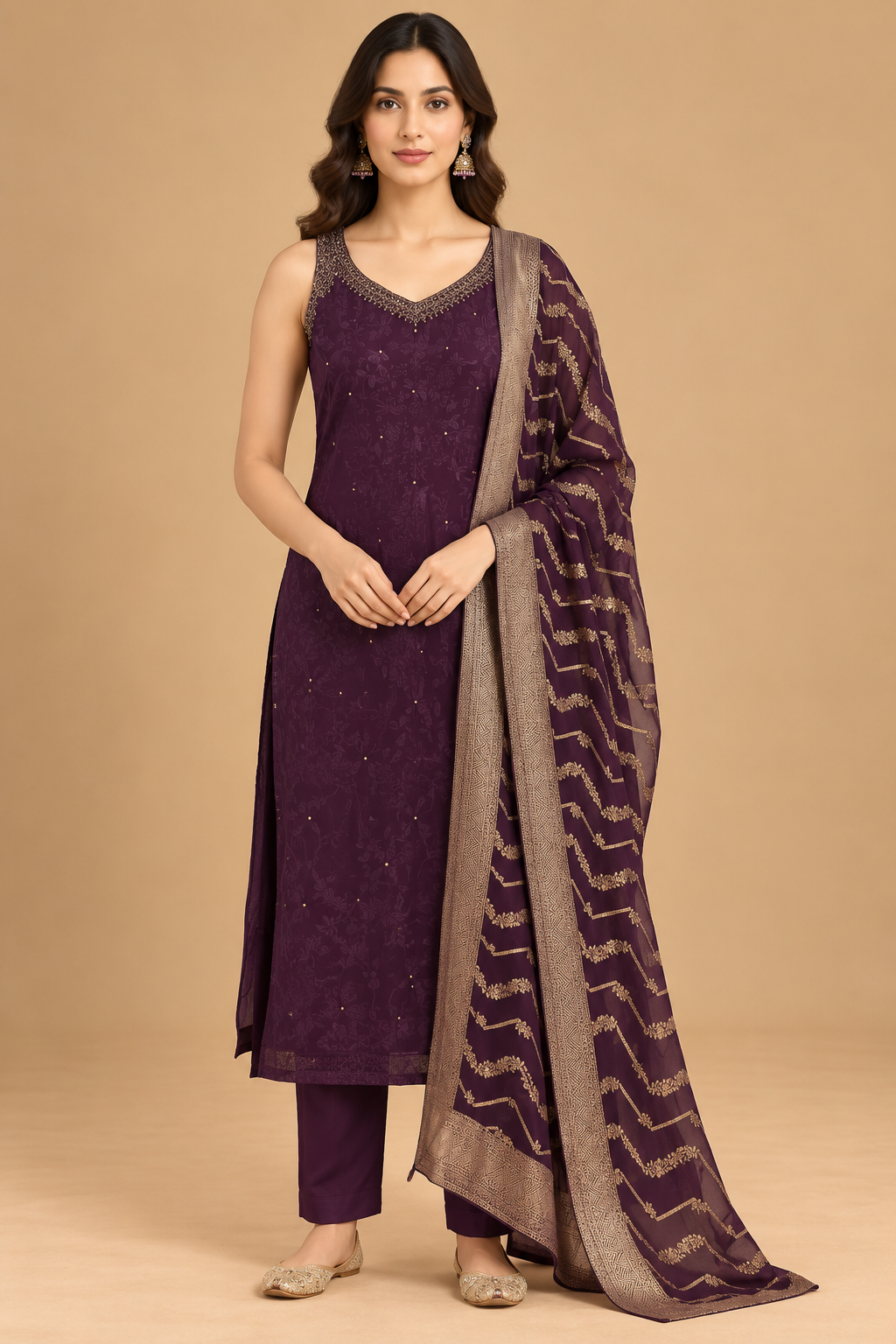 Deep Plum Purple Sleeveless Kurta Set with Gold Printed Dupatta