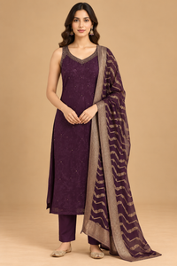 Deep Plum Purple Sleeveless Kurta Set with Gold Printed Dupatta