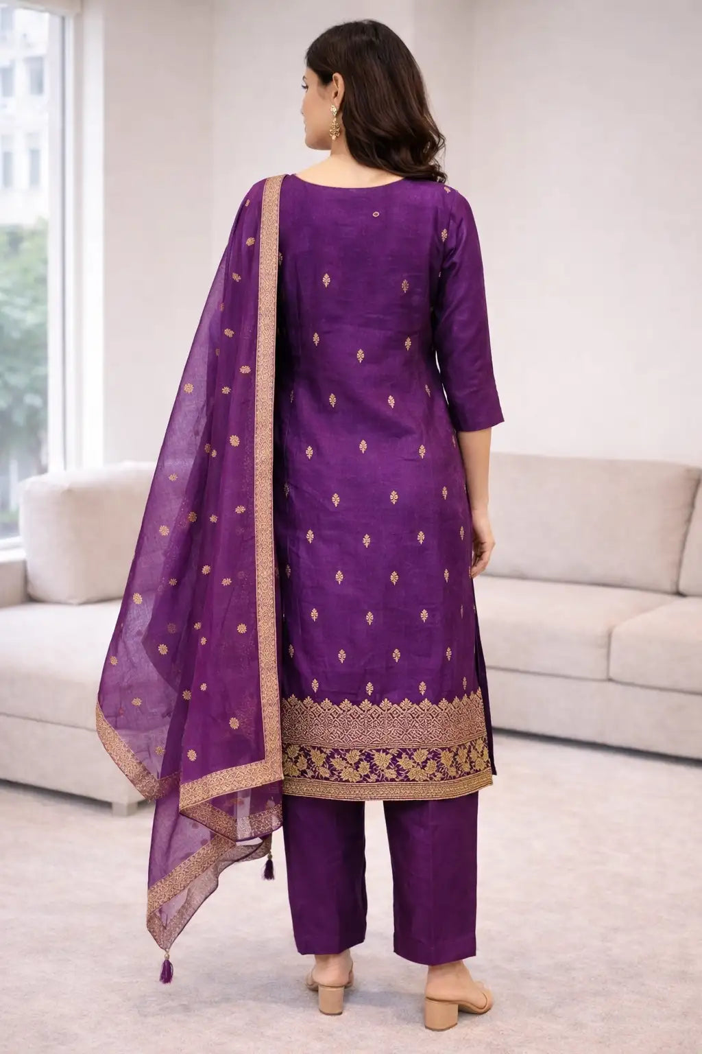 Deep Purple Embroidered Kurta Set with Dupatta