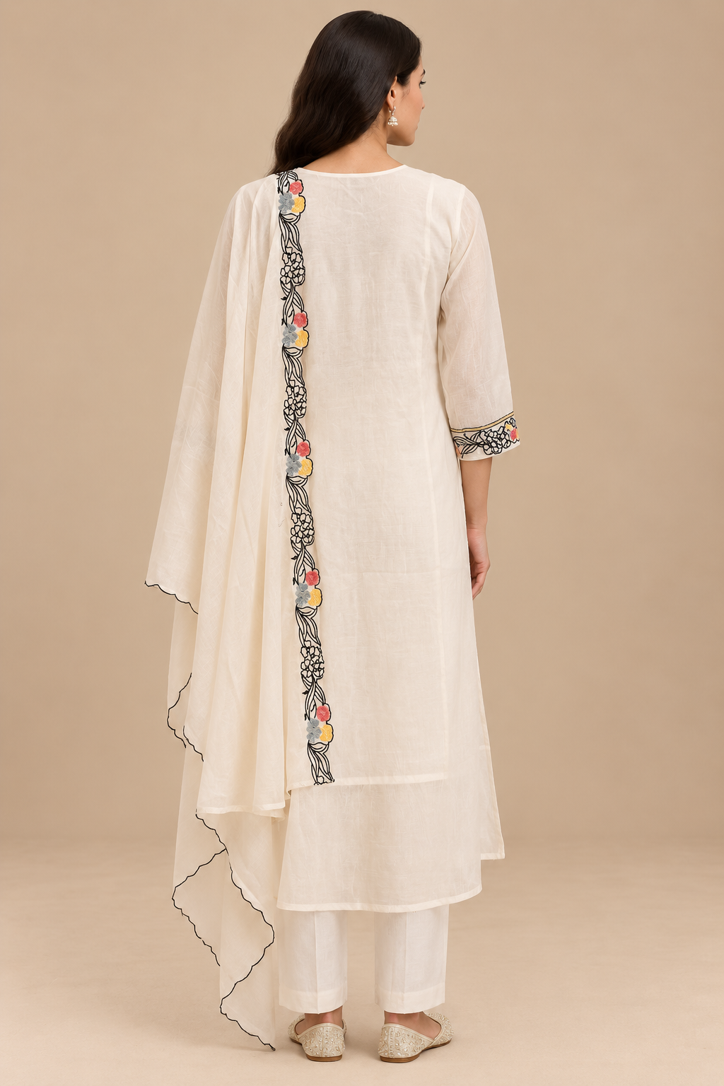 Off White Floral Embroidered Kurta Set with Dupatta