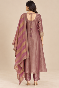 Dusty Mauve Embroidered Kurta Pant Set with Striped Dupatta