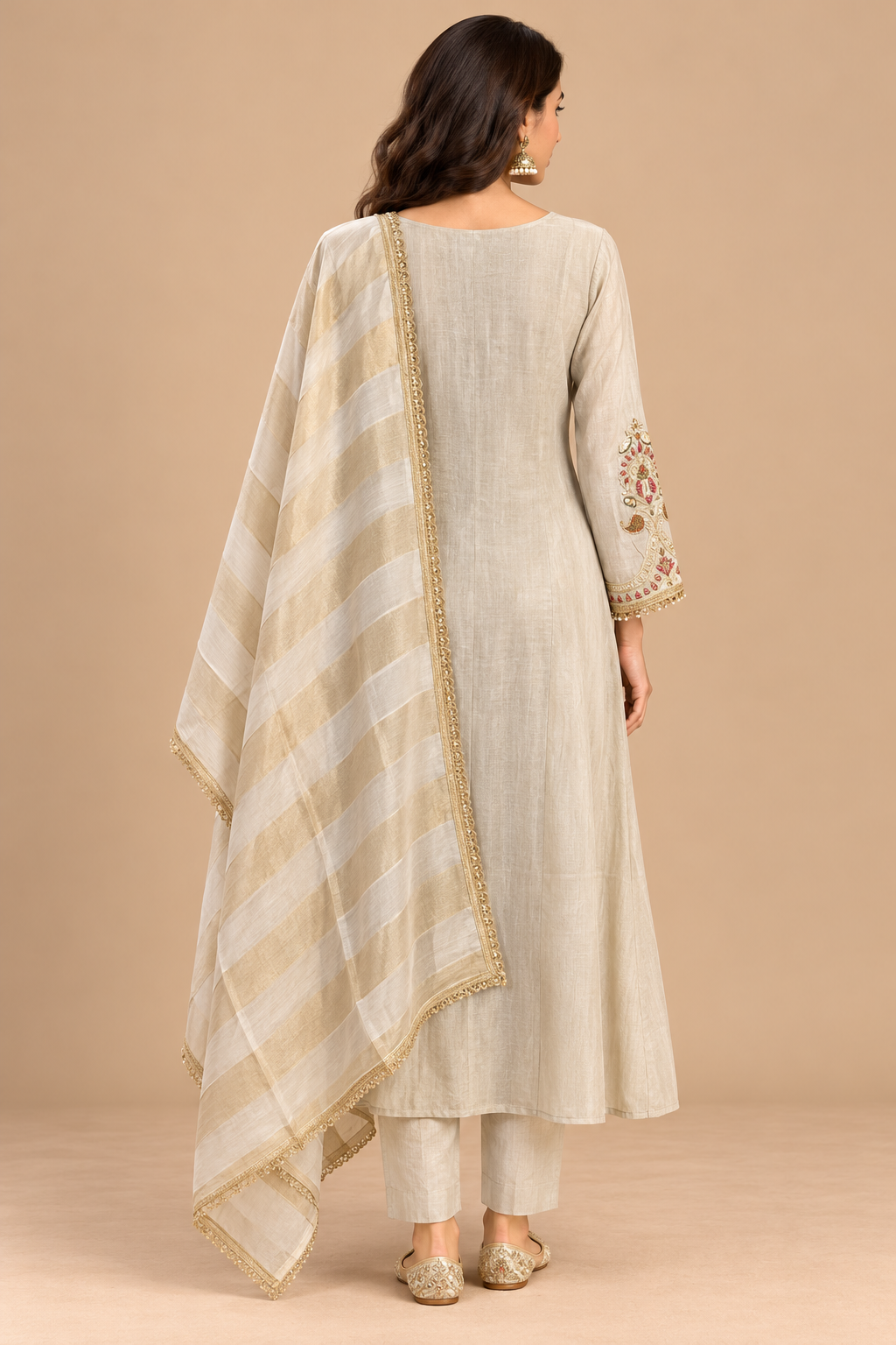 Ivory Anarkali Kurta Pant Set with Embroidered Neckline and Striped Dupatta
