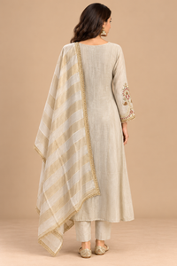 Ivory Anarkali Kurta Pant Set with Embroidered Neckline and Striped Dupatta