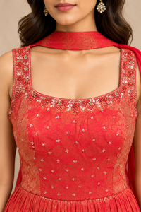 Coral Red Brocade Silk Sharara Set