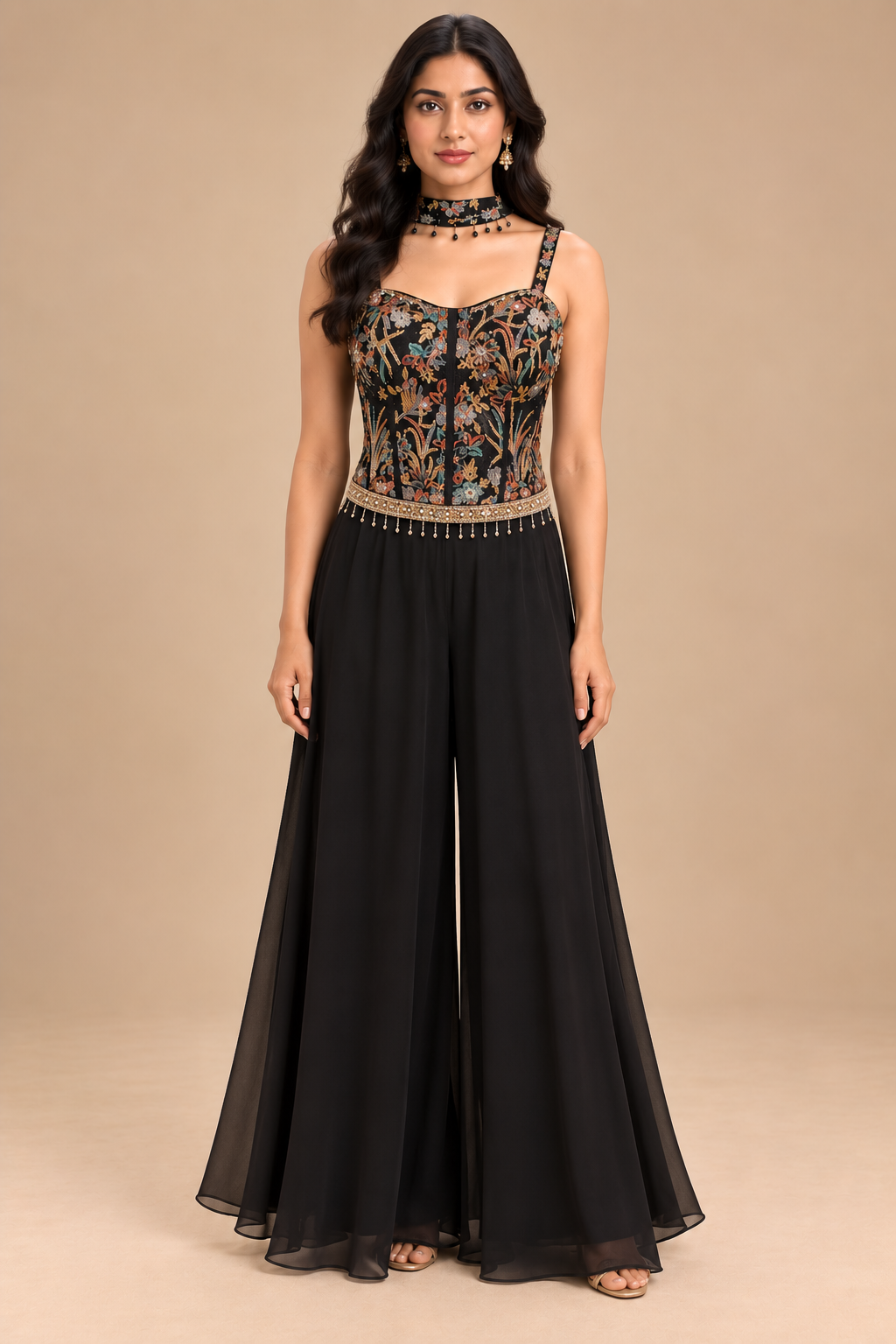 Black Silk Embroidered Sharara Set