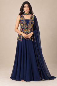 Navy Blue Printed Anarkali Suit with Dupatta