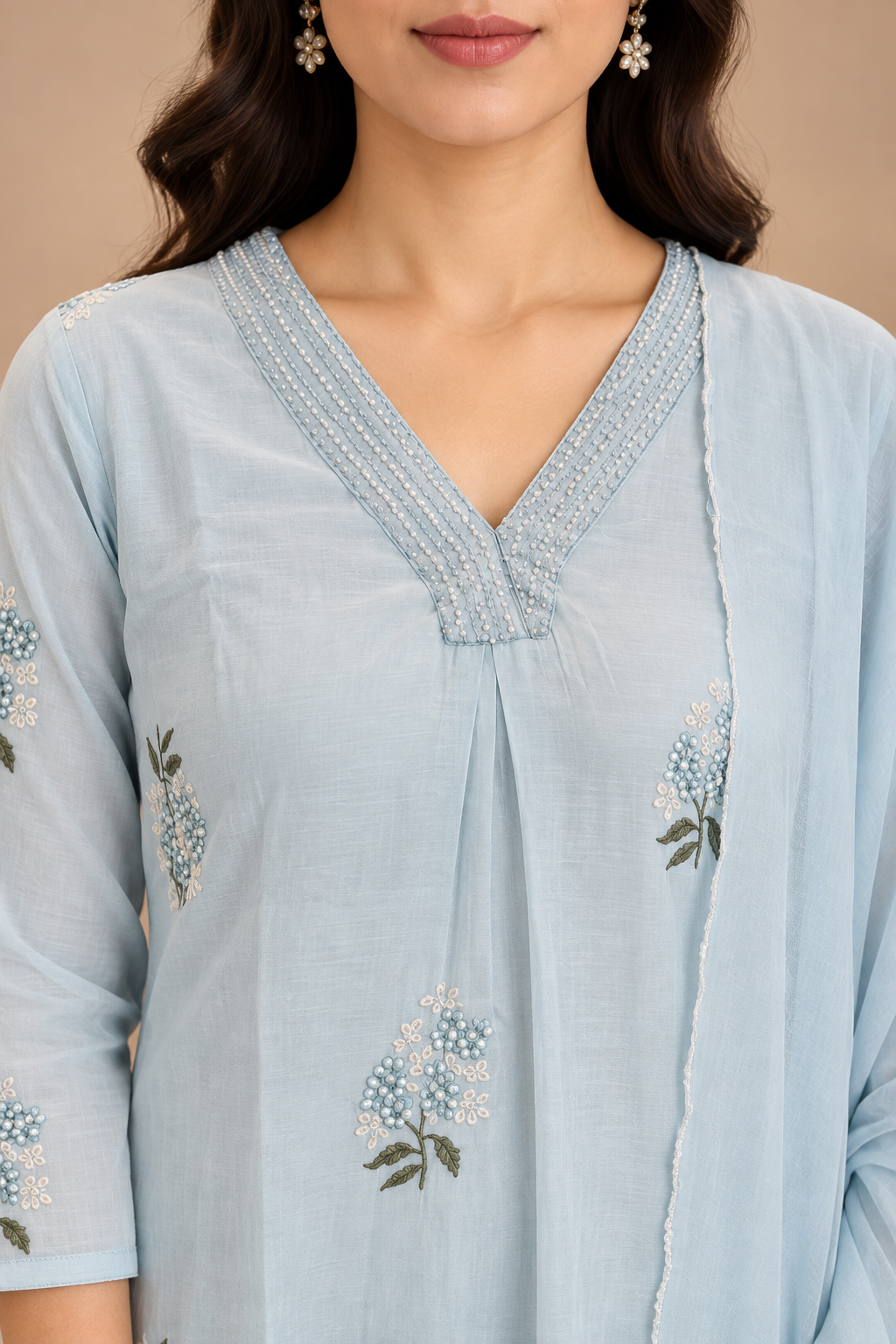 Powder Blue Floral Embroidered Kurta Set with Dupatta